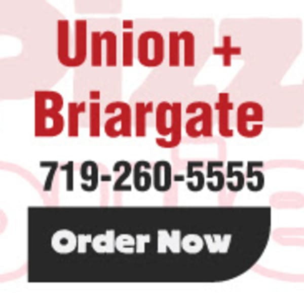 Red text on a white background reads "Union + Briargate" and "719-260-5555" with a black "Order Now" button.