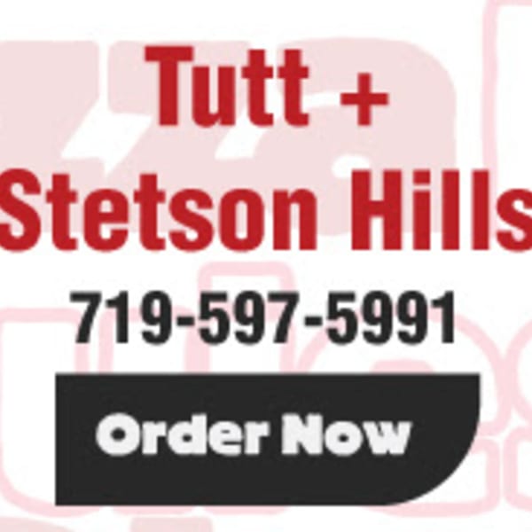 Red text "Tutt + Stetson Hills" and phone number 719-597-5991 with a black "Order Now" button.