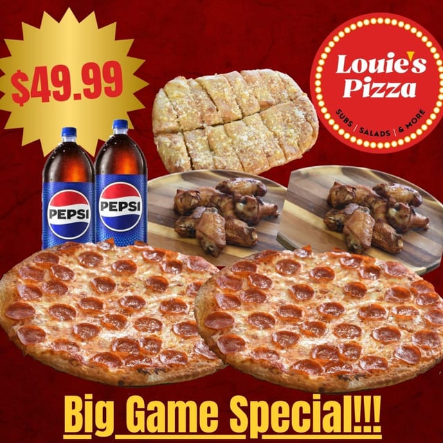 Big Game Special (2 Pizzas, 2 Wings, Garlic Bread, 2 Sodas).