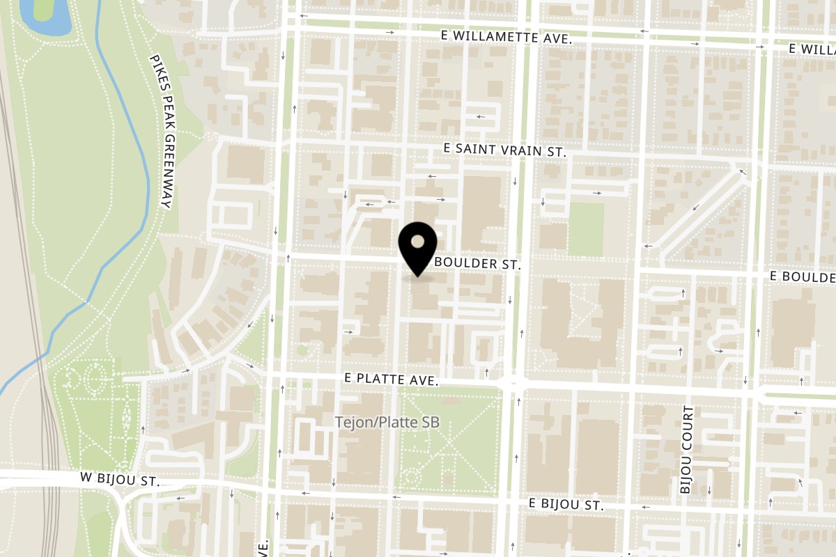 Map showing the location of Louie's Pizza Tejon on 333 North Tejon St in Colorado Springs