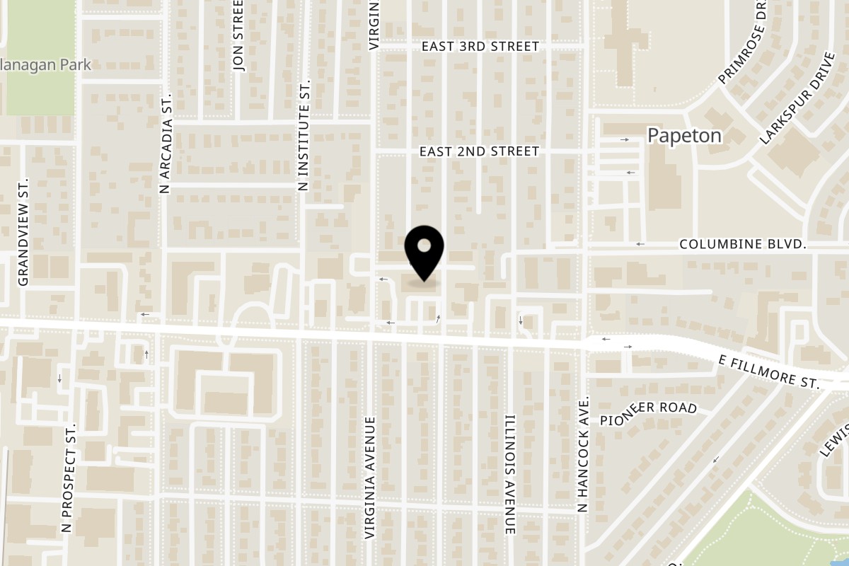 Map showing the location of Louie's Pizza Fillmore on 1146 East Fillmore St in Colorado Springs