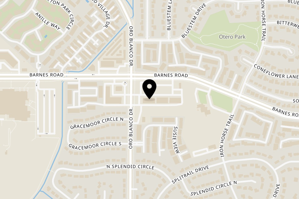 Map showing the location of Louie's Pizza Barnes on 4815 Barnes Rd in Colorado Springs